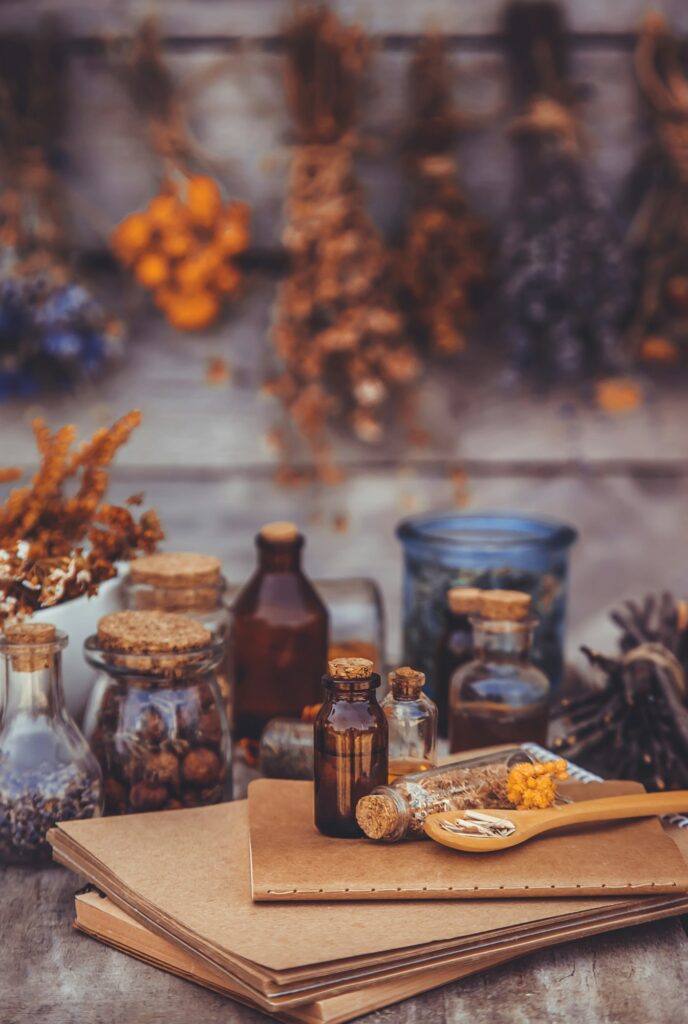 Medicinal herbs and tinctures homeopathy. Selective focus.